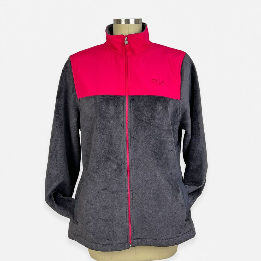 Fila Sport Teddy Fleece Jacket Women Large Full Zip Charcoal Hot Pink Athleisure